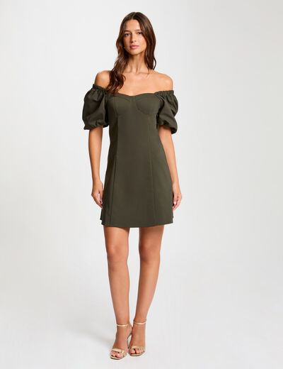 Robe courte ajustée col bardot vert fonce femme