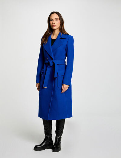 Manteau long cintré ceinturé bleu electrique femme