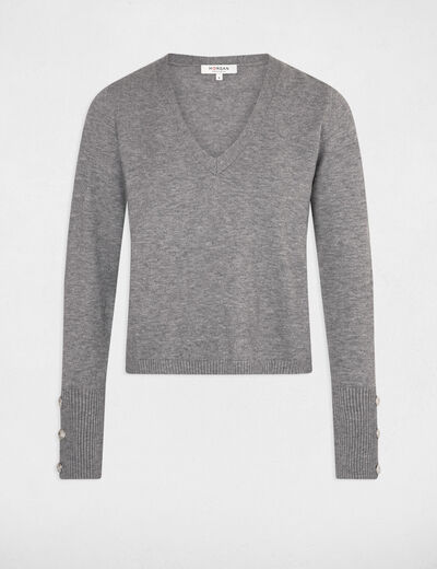 Pull manches longues col en V gris moyen femme