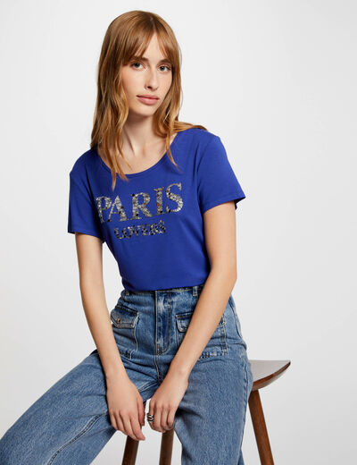 T-shirtopschrift en pailletten bleu electrique vrouw
