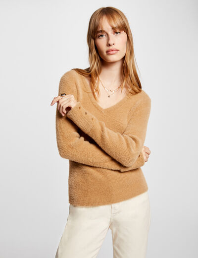 Pull manches longues maille duveteuse camel femme