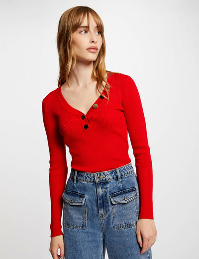 Pull manches longues boutons rouge moyen femme