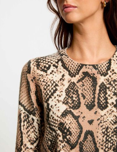 Rechte tricot jurk met print beige vrouw