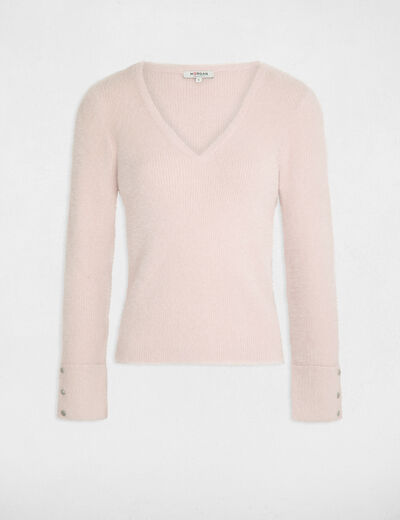 Pull manches longues avec col en V rose femme