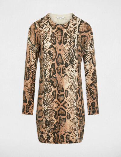 Rechte tricot jurk met print beige vrouw