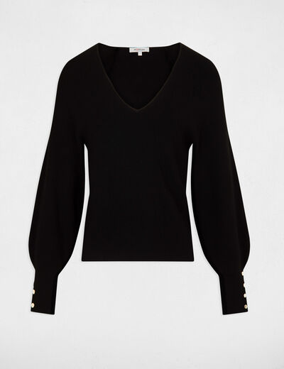 Pull manches longues col en V noir femme