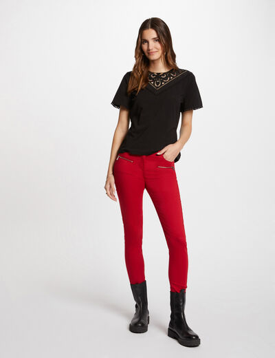 Jeans slim détails zippés rouge moyen femme