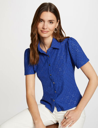 T-shirt manches courtes brodé bleu electrique femme