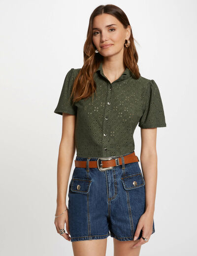 T-shirt manches courtes brodé vert kaki femme
