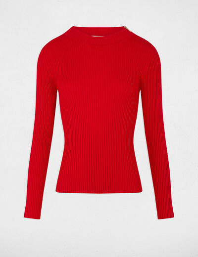 Pull col montant côtelé rouge femme