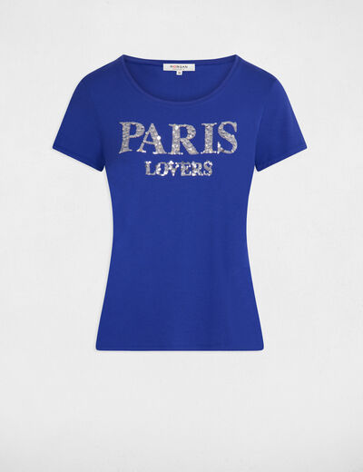 T-shirt inscription et sequins bleu electrique femme