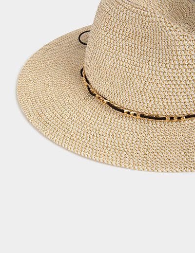 Gevlochten hoed met kettingdetail beige vrouw
