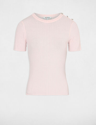 Pull manches courtes côtelé rose pale femme