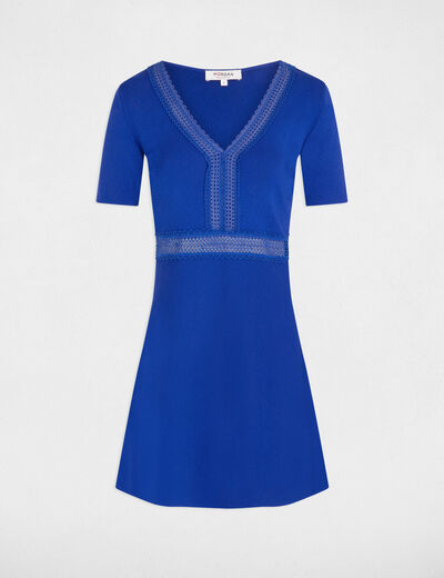 Gebreide jurk met V-hals bleu electrique vrouw