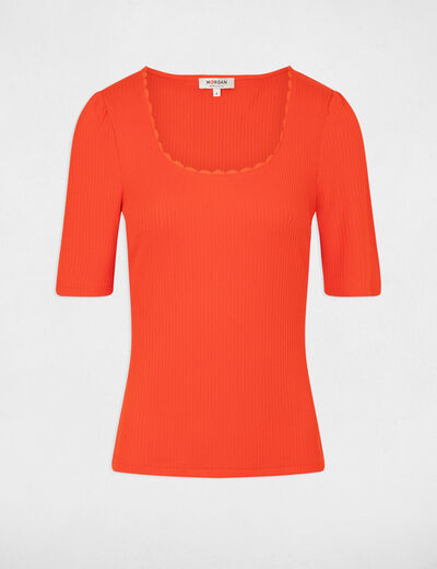 T-shirt manches courtes côtelé orange foncé femme