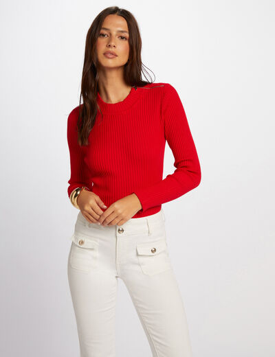 Pull col montant côtelé rouge femme