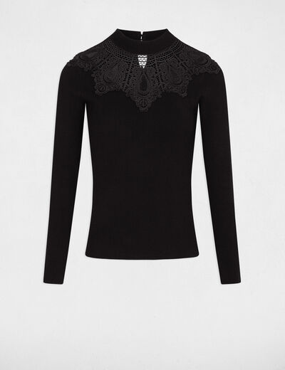 Pull col montant à dentelle noir femme