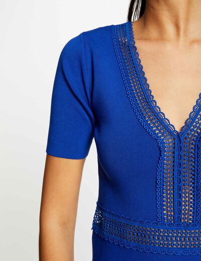 Gebreide jurk met V-hals bleu electrique vrouw