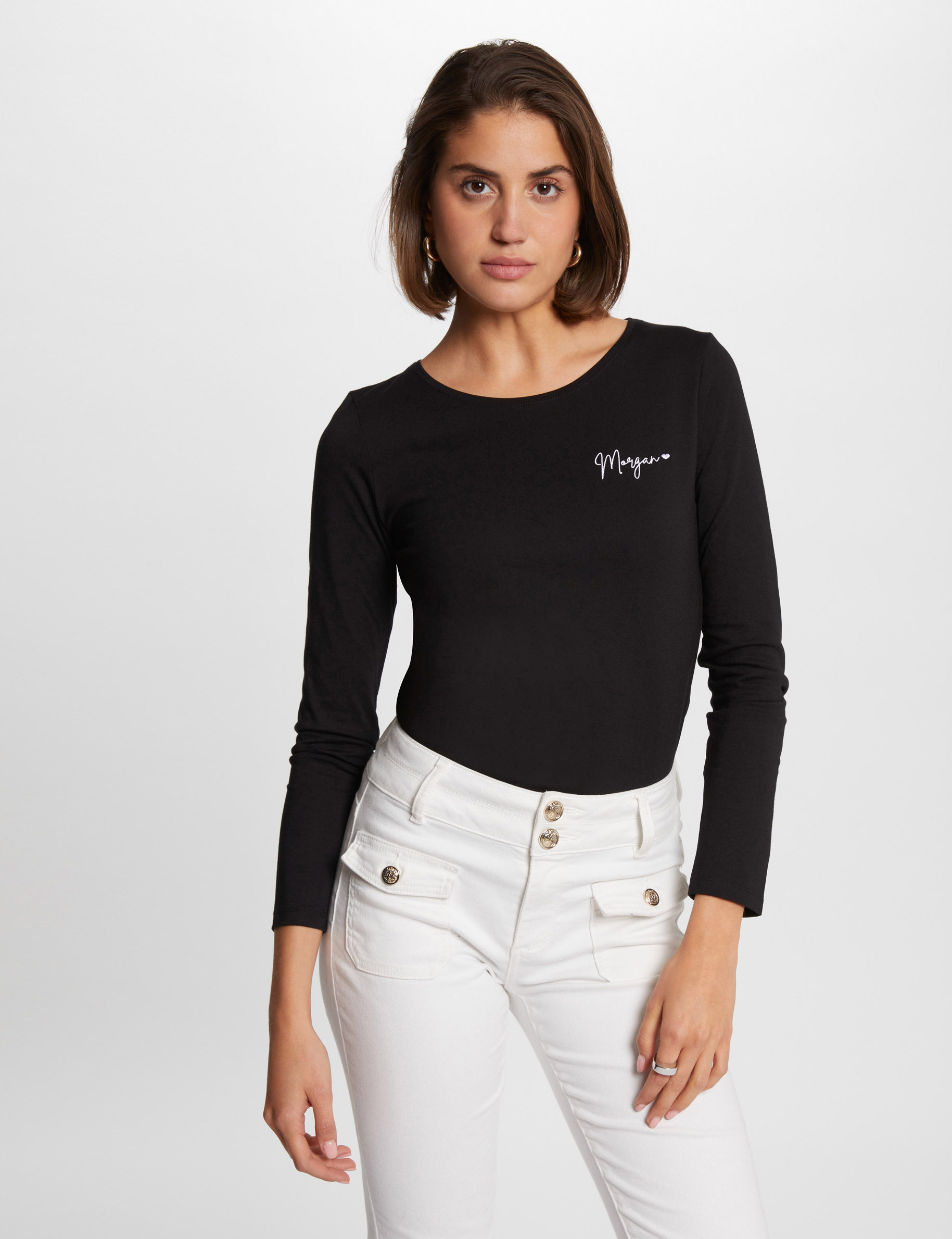 T-shirt manches 3/4 brodé noir femme