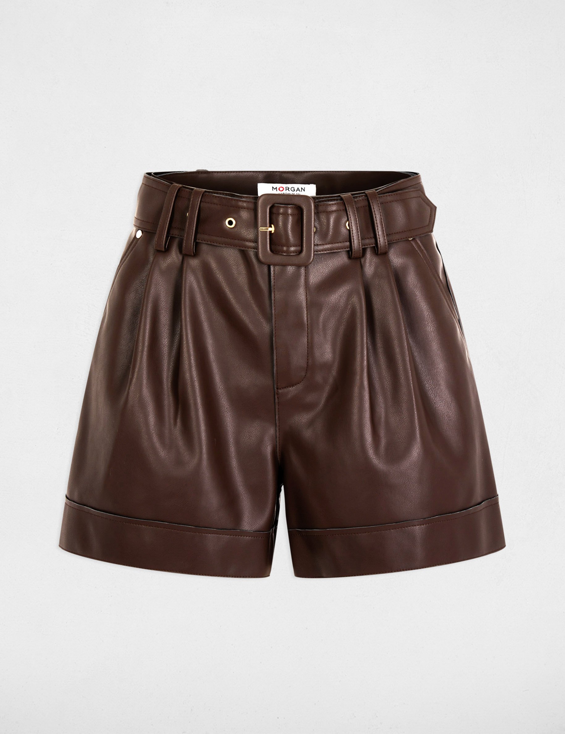 Short ajusté simili cuir marron femme