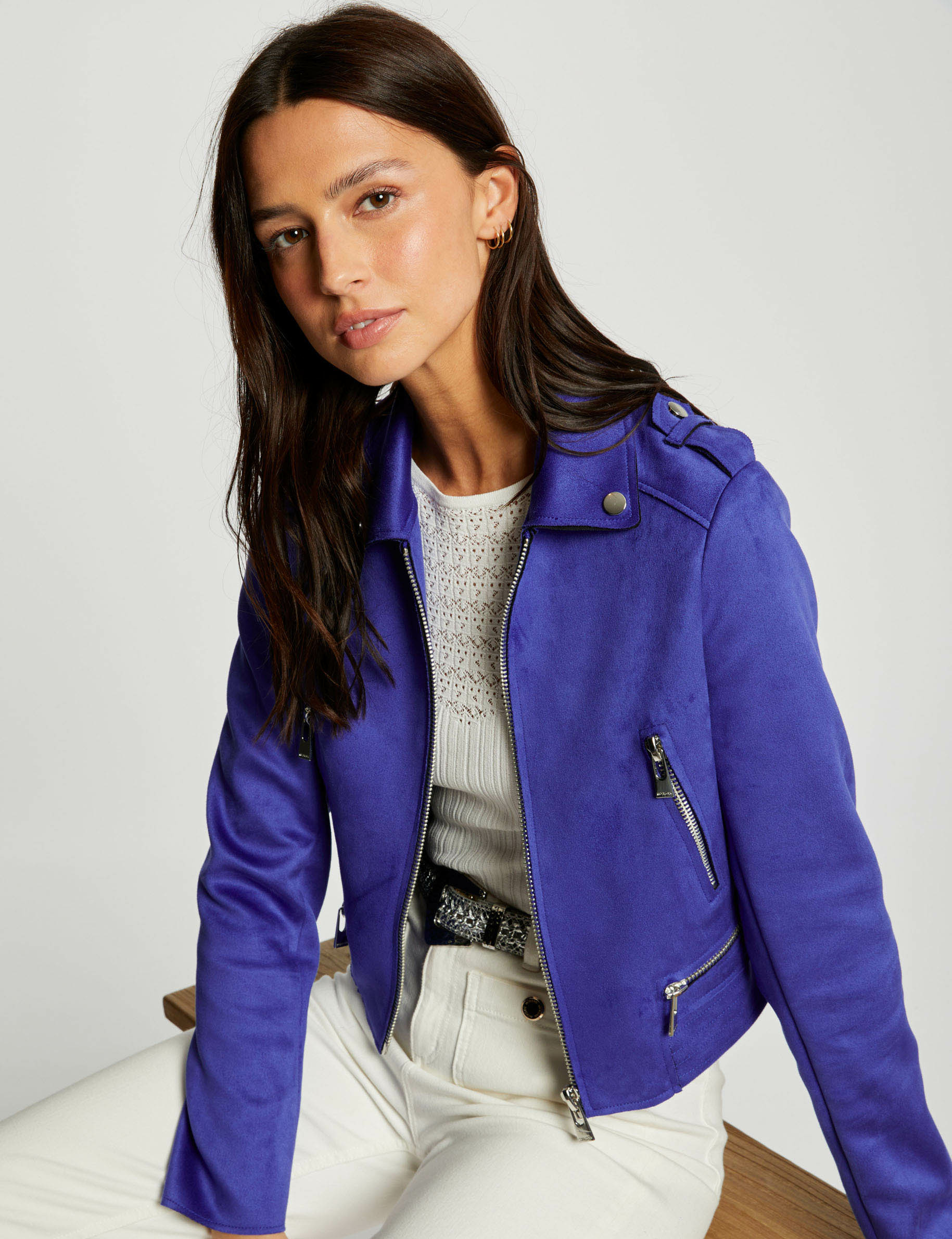 Blouson droit aspect suédine bleu electrique femme