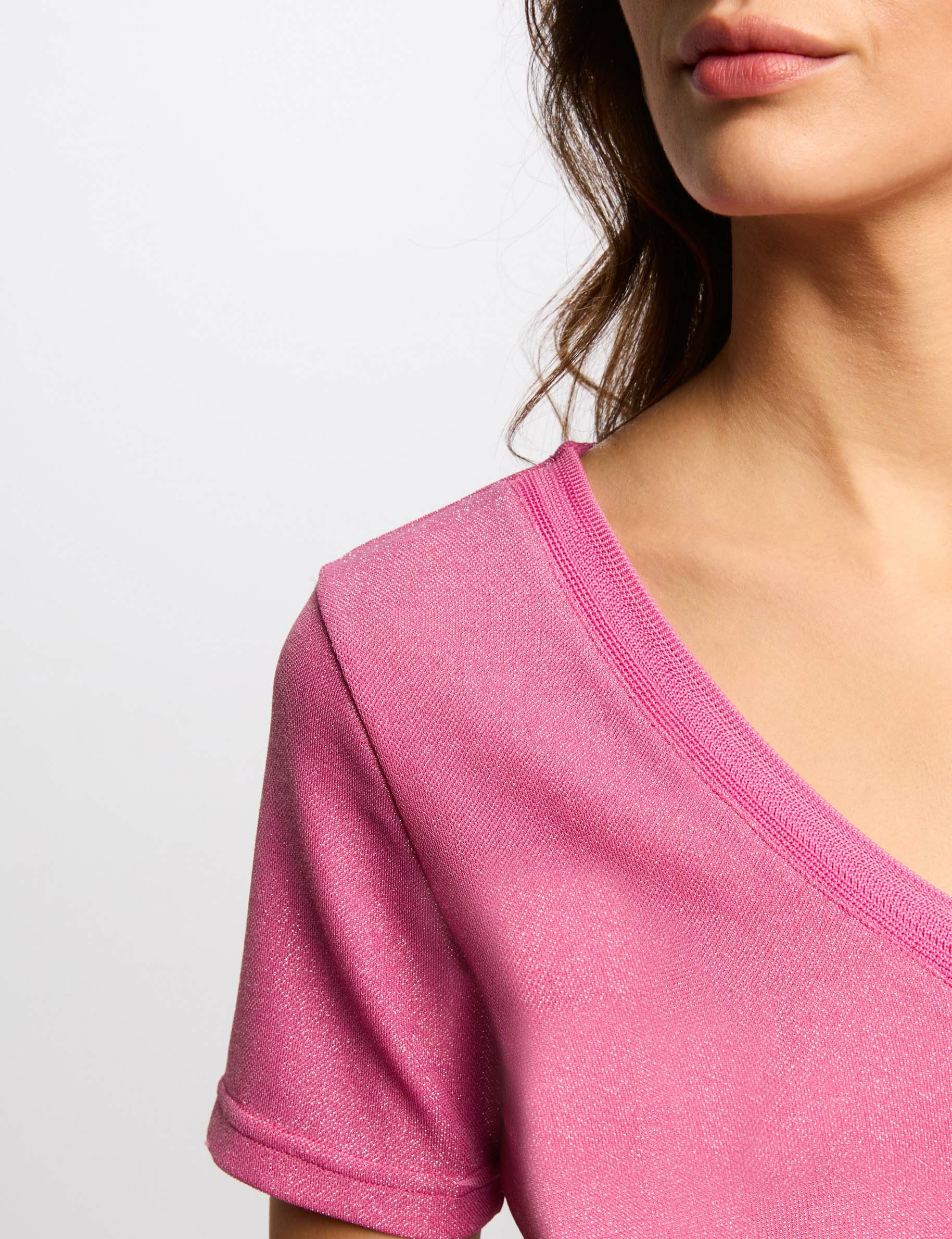 T-shirt met korte mouwen en V-hals roze vrouw