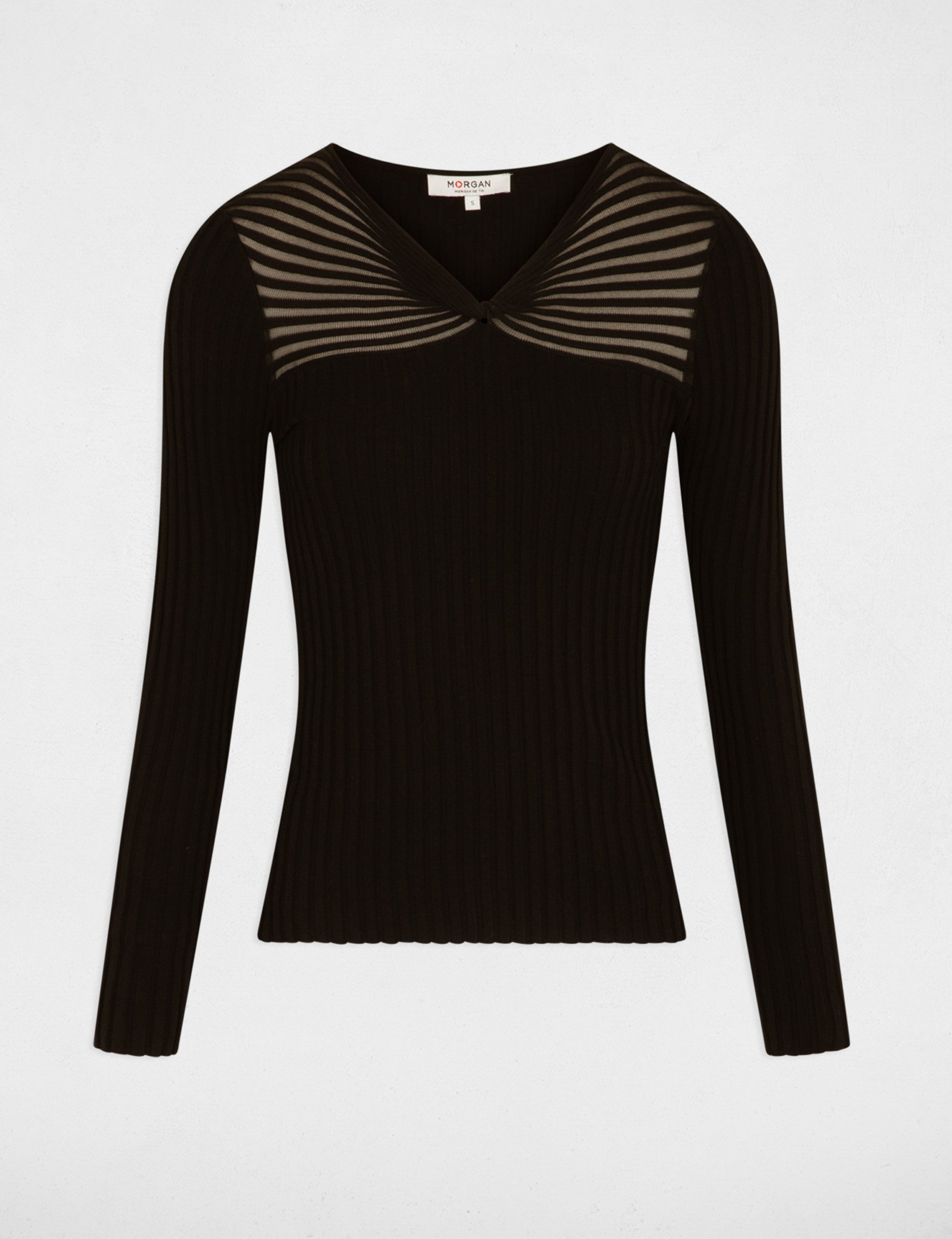 Pull col en V côtelé noir femme