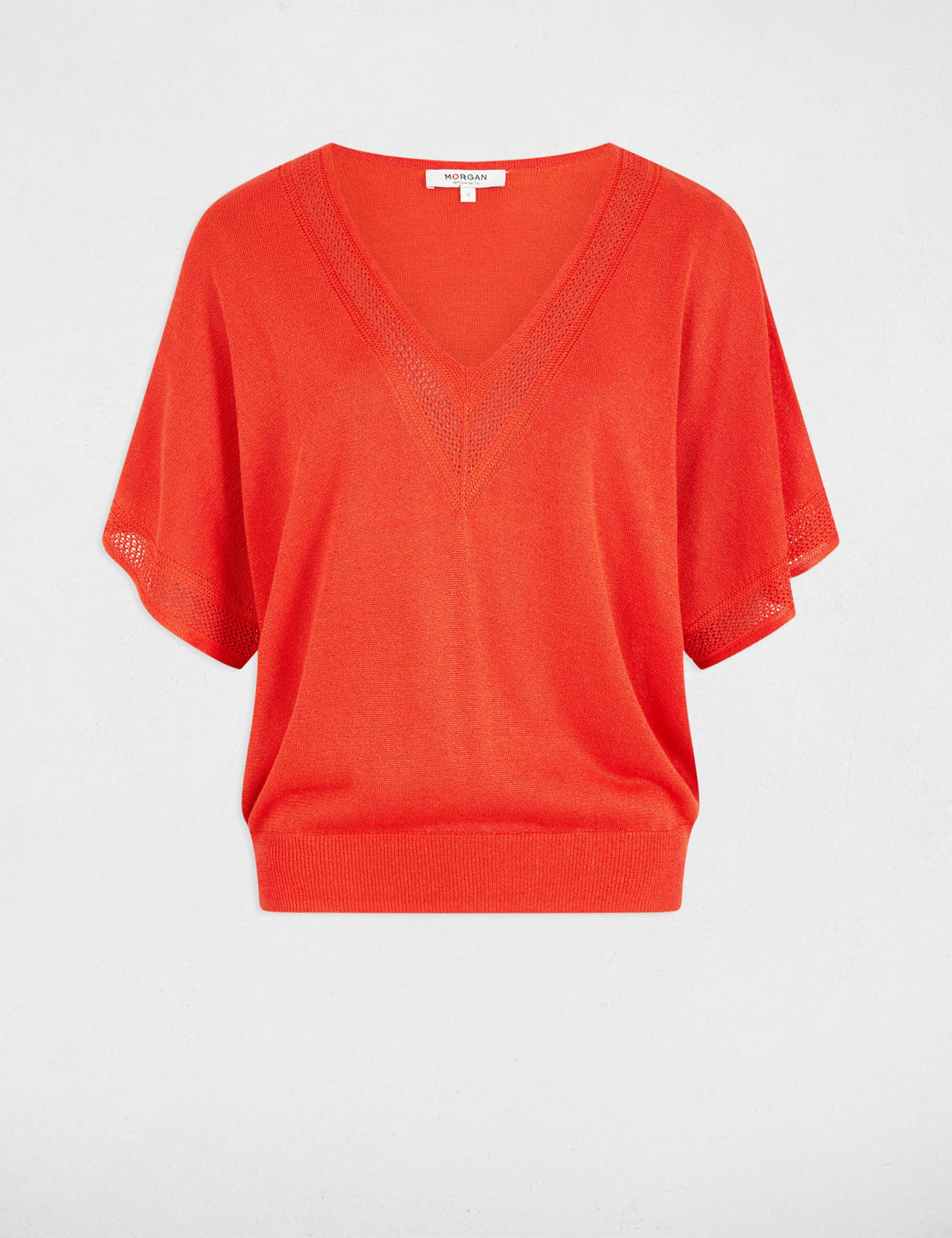 Pull col en V manches courtes orange foncé femme