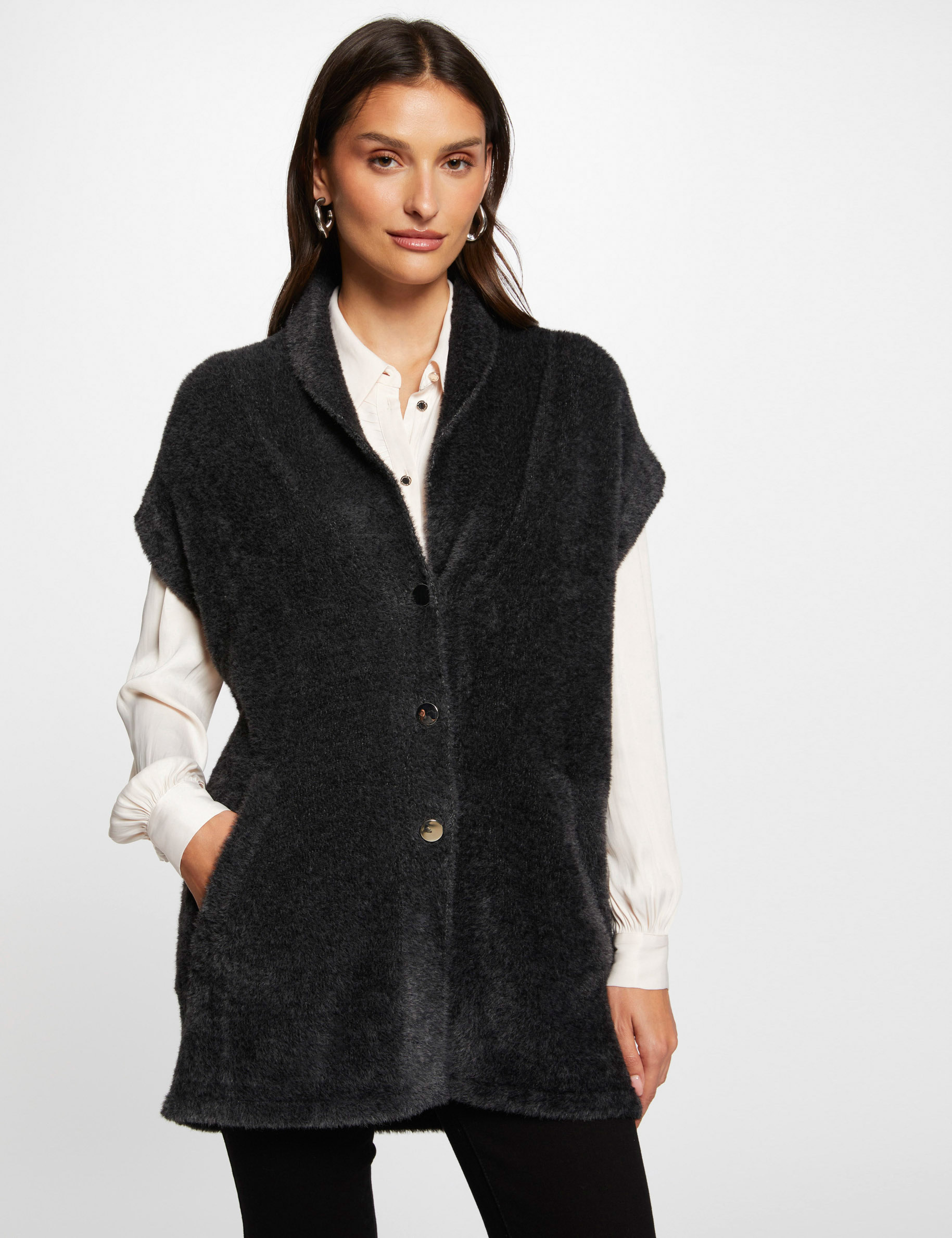 Gilet manches courtes fourrure gris anthracite femme