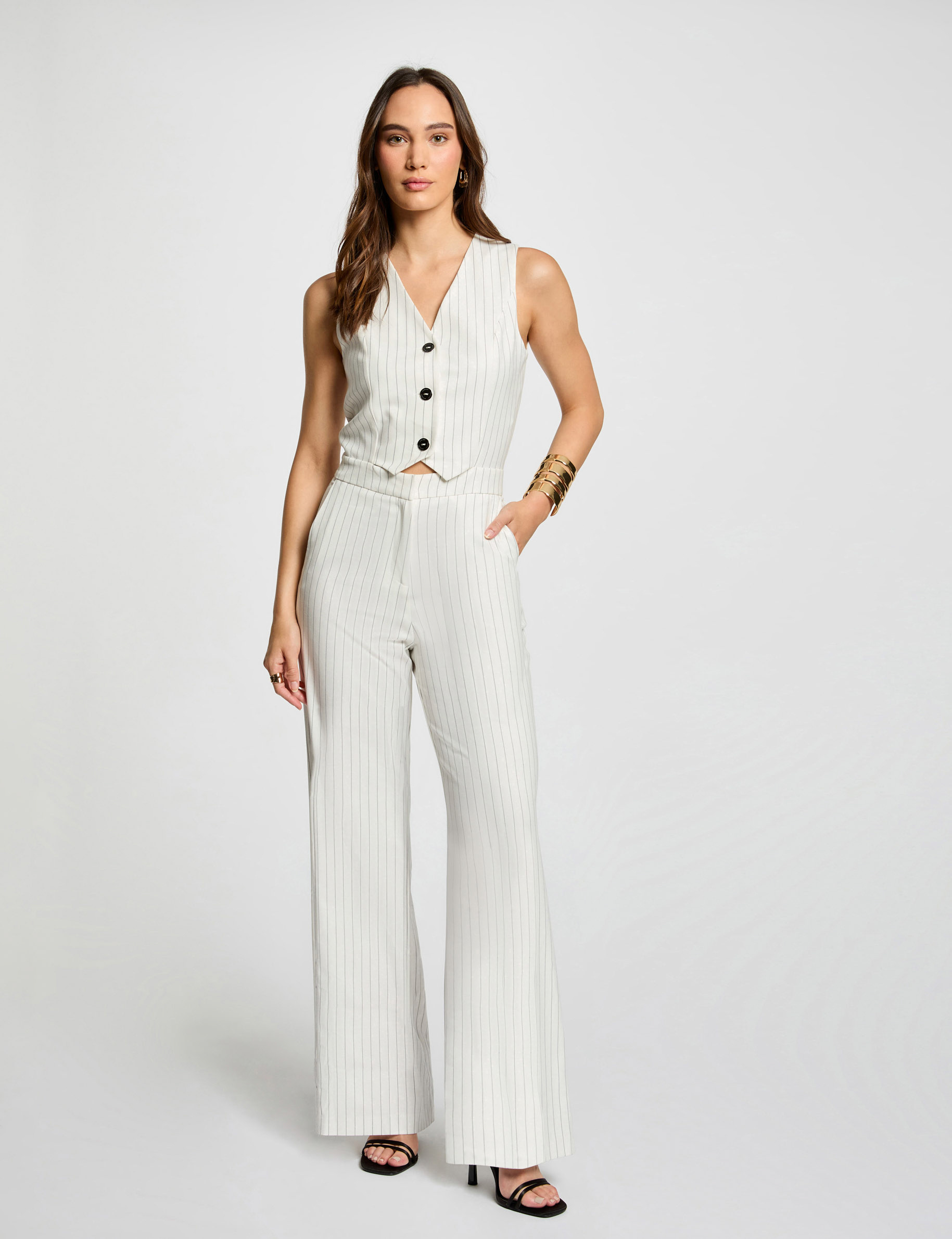 Lange jumpsuit met strepen ecru vrouw