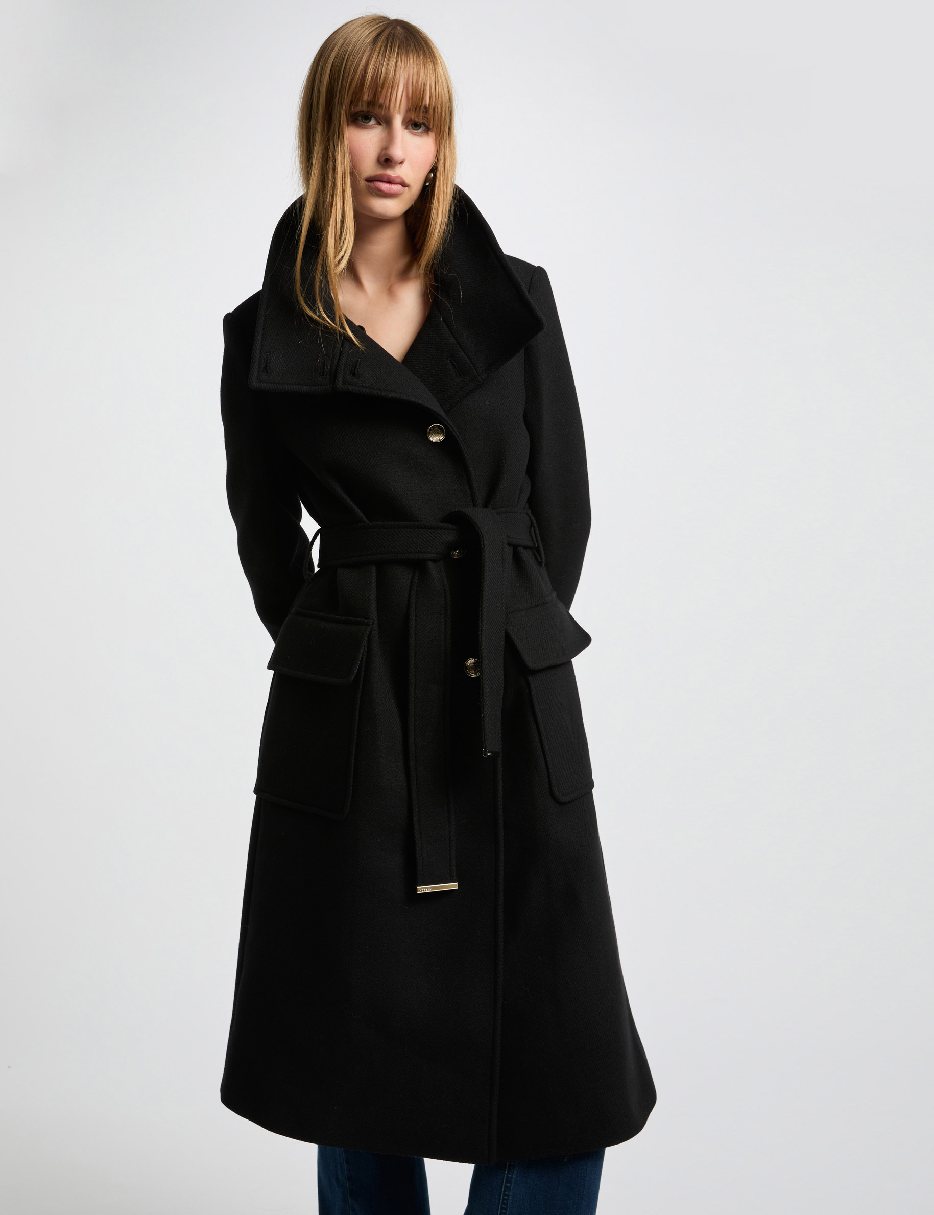 Manteau long ceinturé noir femme