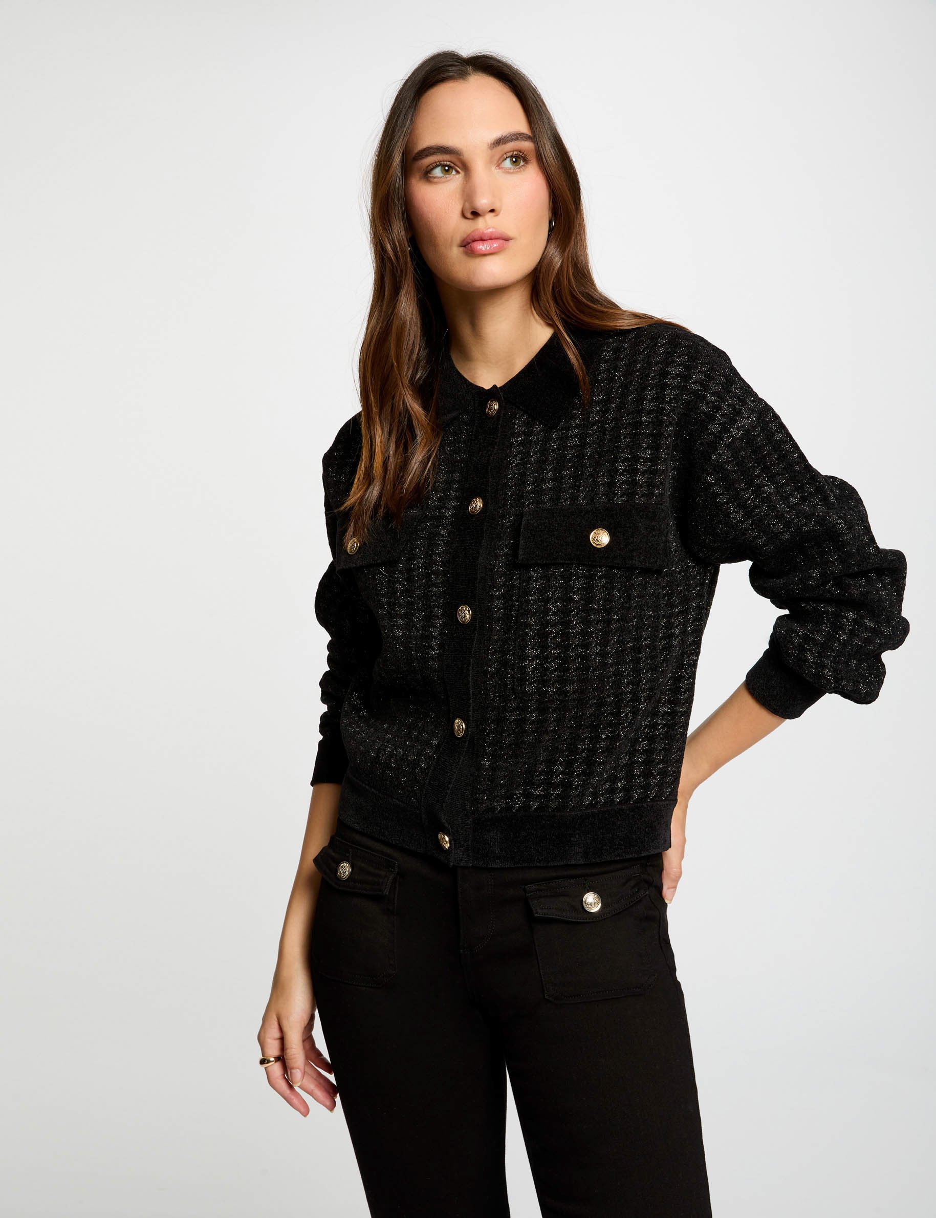 Gilet col à revers boutonné noir femme