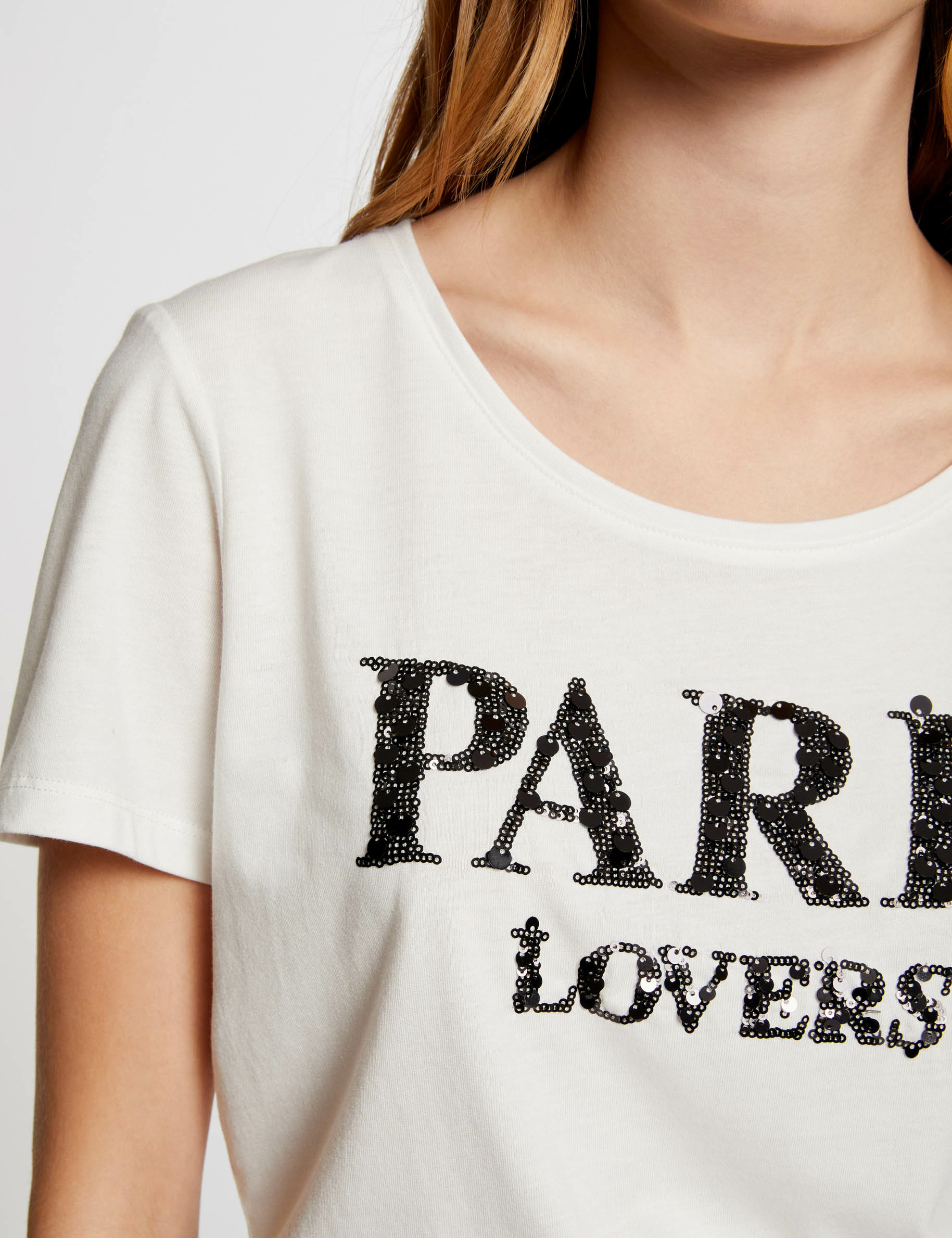 T-shirtopschrift en pailletten ecru vrouw