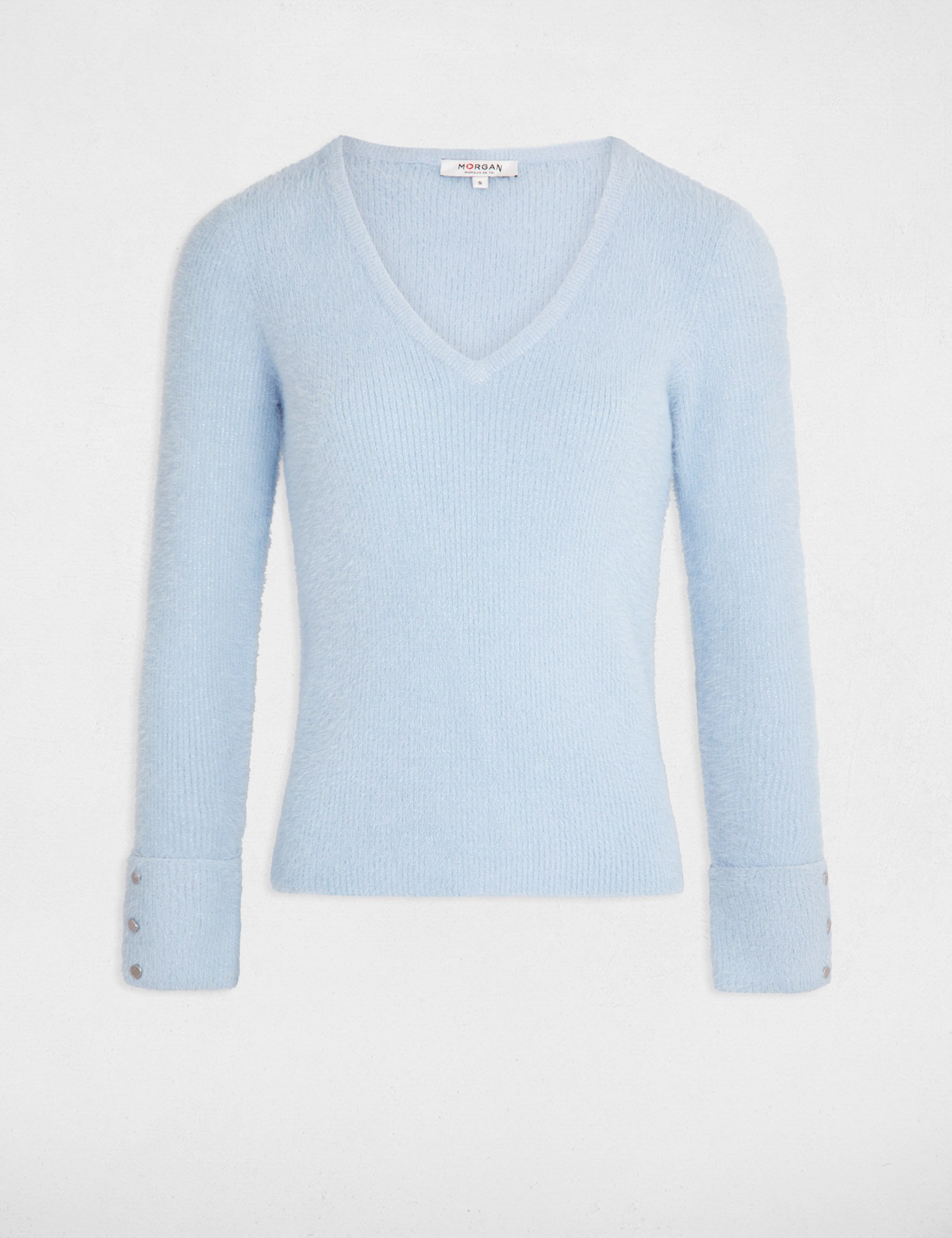 Pull manches longues avec col en V bleu femme