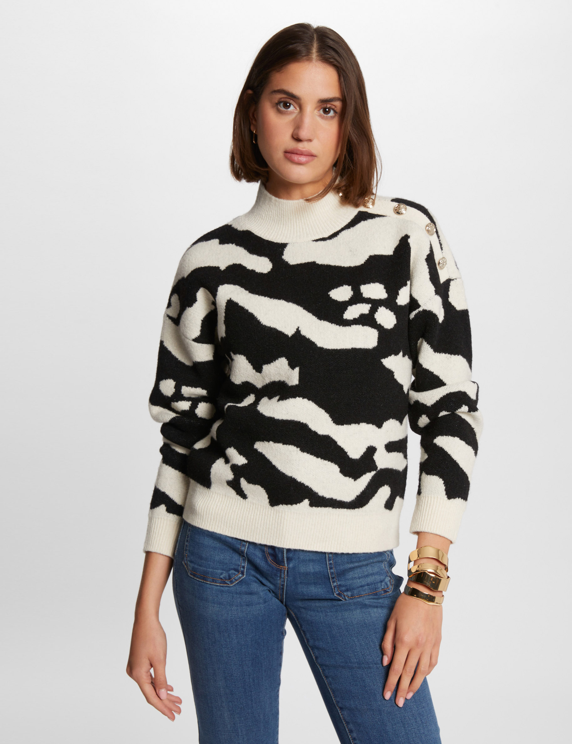 Pull col montant imprimé beige femme