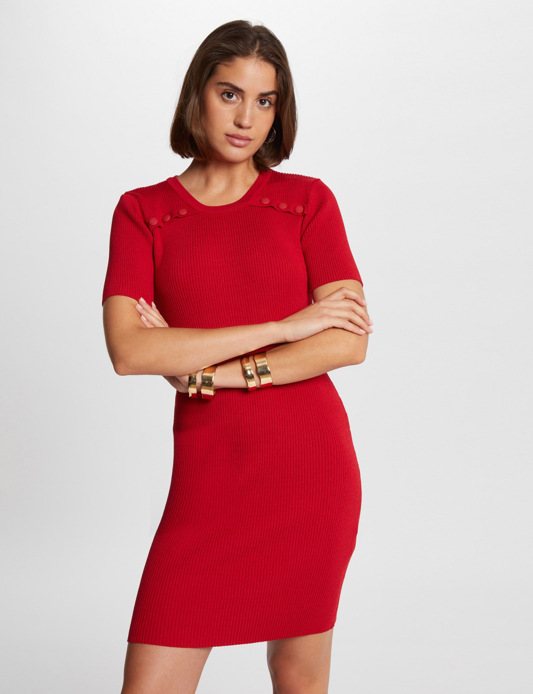 Robe tricot ajustée côtelée rouge moyen femme