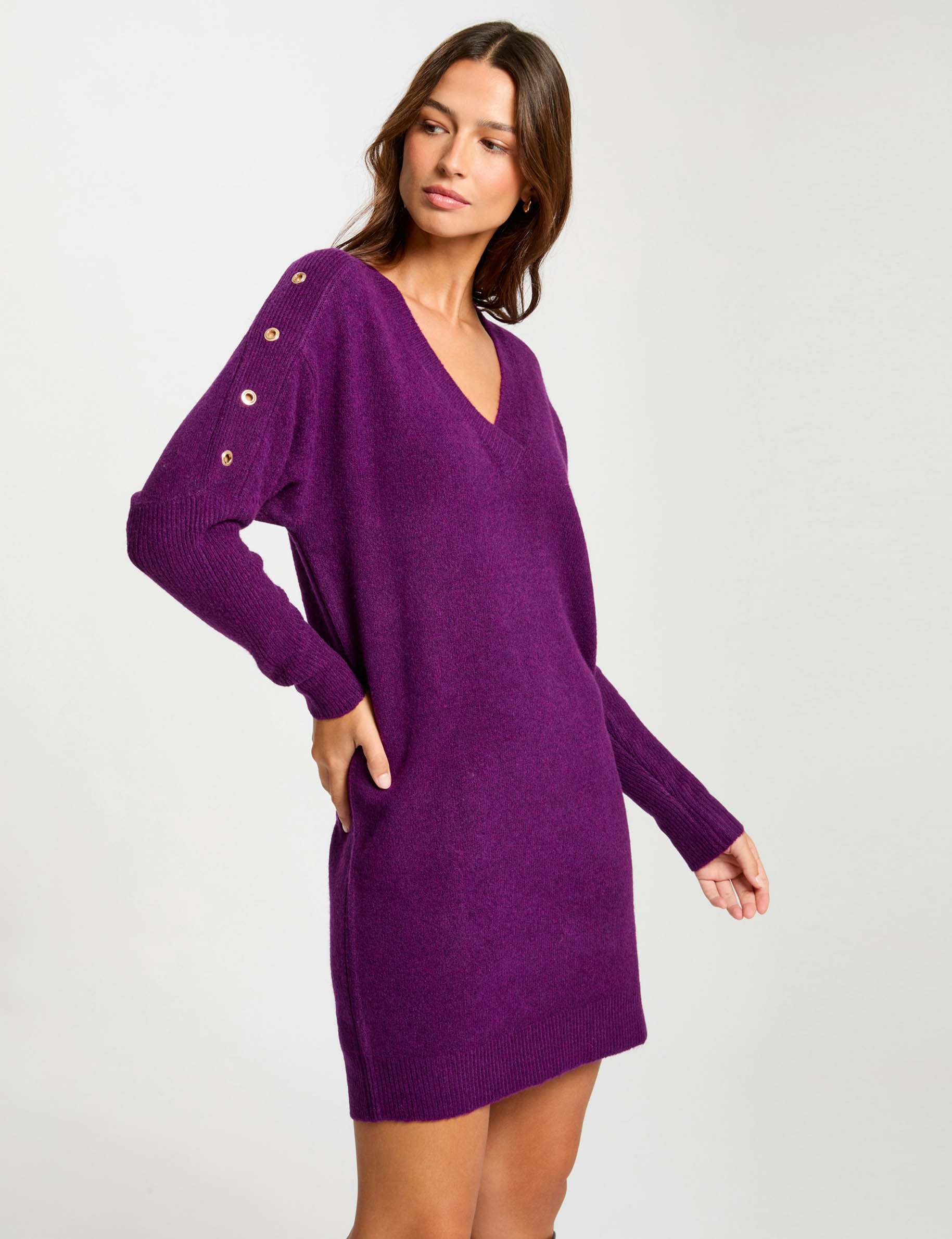 Robe tricot droite à oeillets violet femme