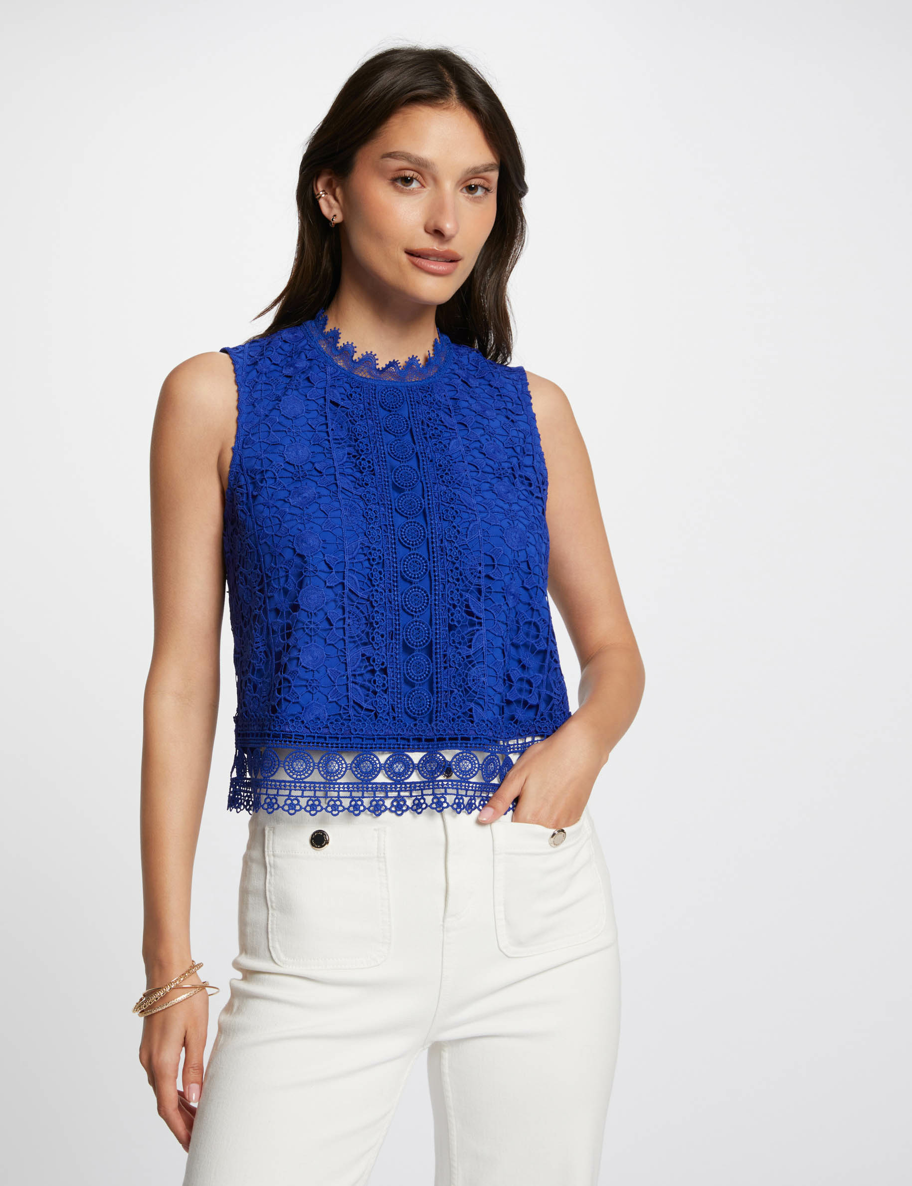 Top sans manches dentelle bleu electrique femme