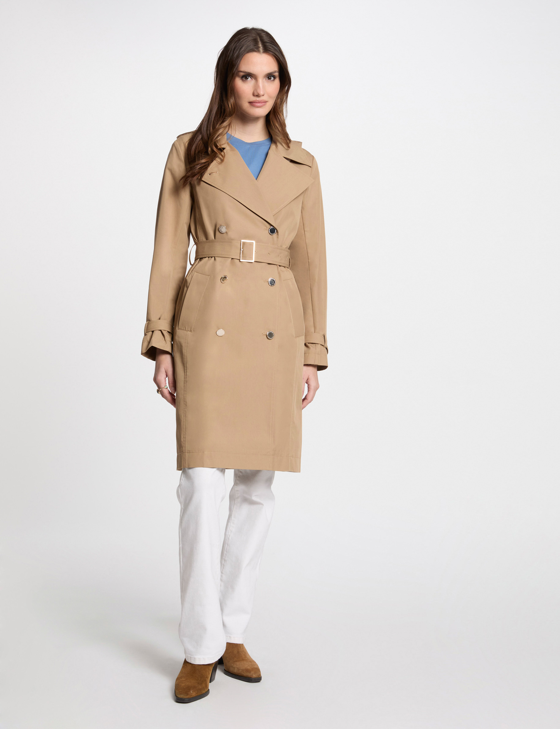 Lange trenchcoat met ceintuur beige vrouw