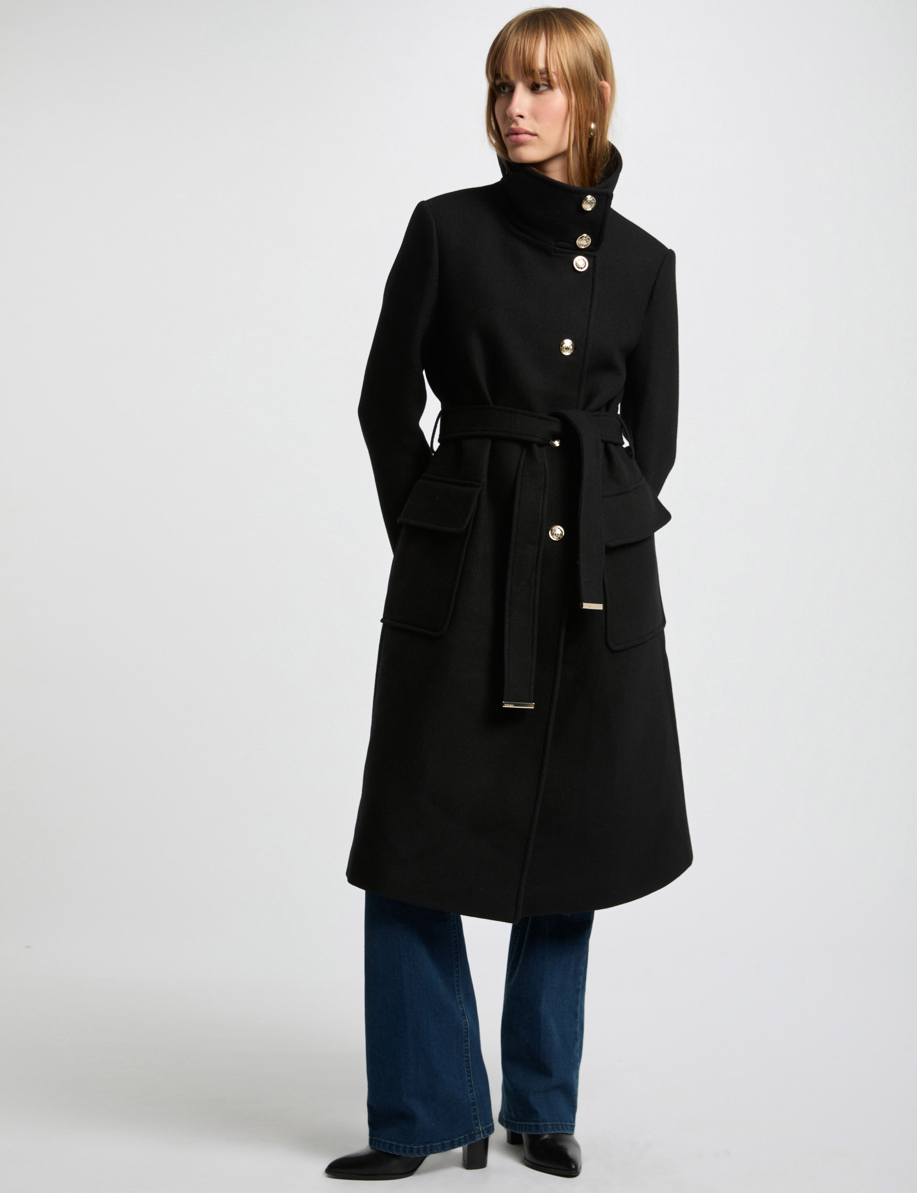 Manteau long ceinturé noir femme