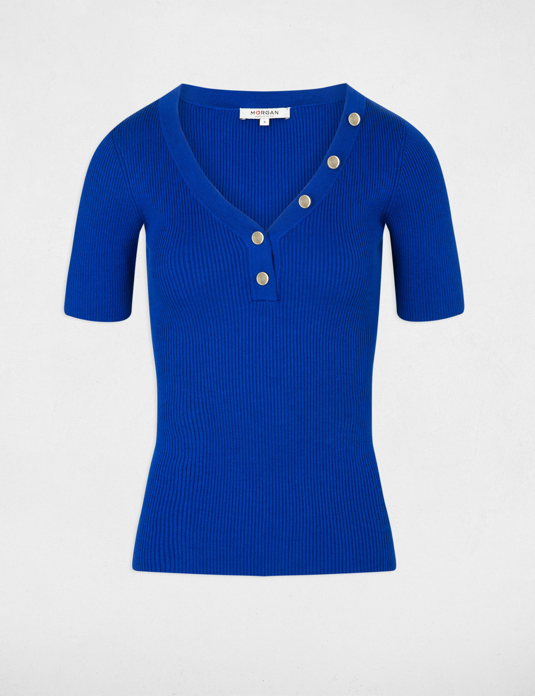 Pull col en V manches courtes bleu electrique femme