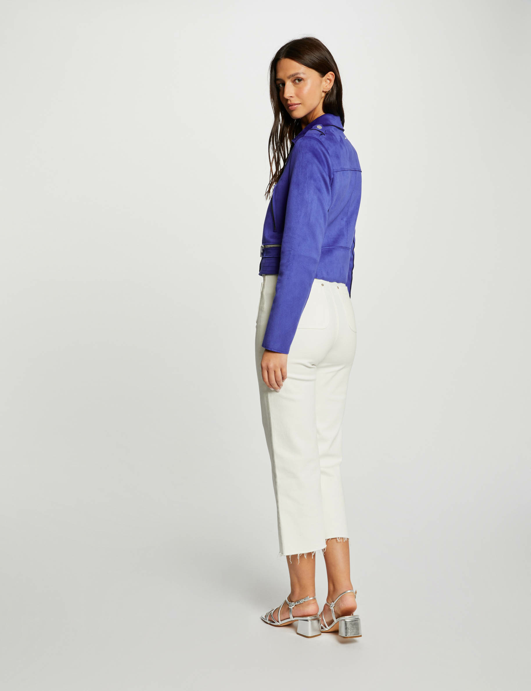 Blouson droit aspect suédine bleu electrique femme