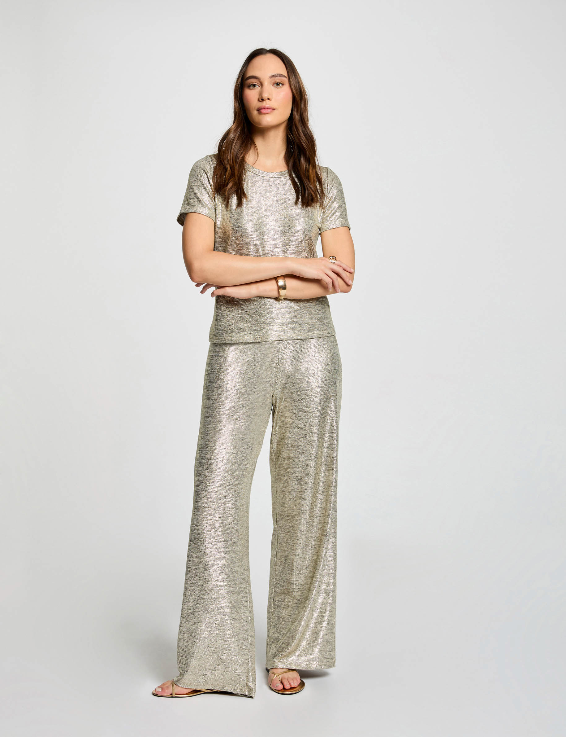 Wijde broek met metallic effect verguld vrouw