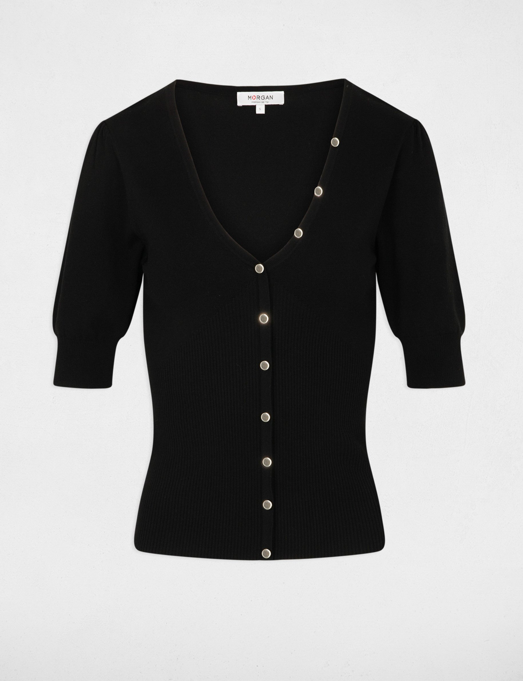 Pull col en V manches courtes noir femme