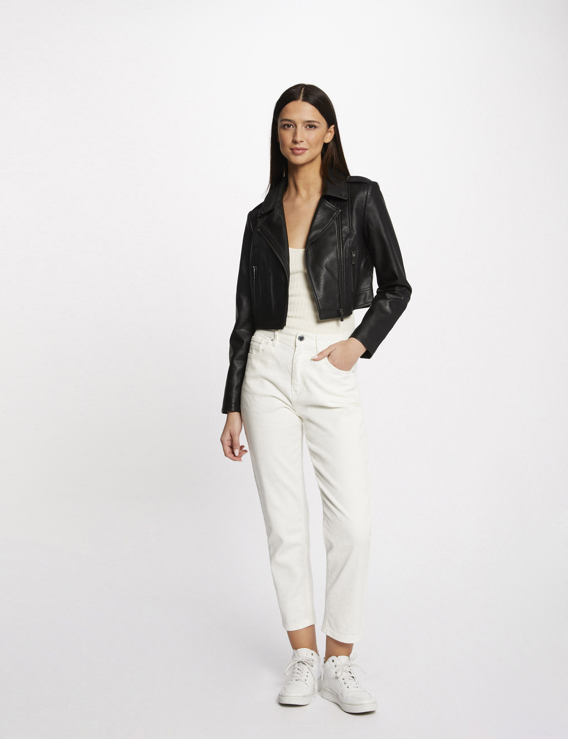 Blouson droit zippé simili cuir noir femme