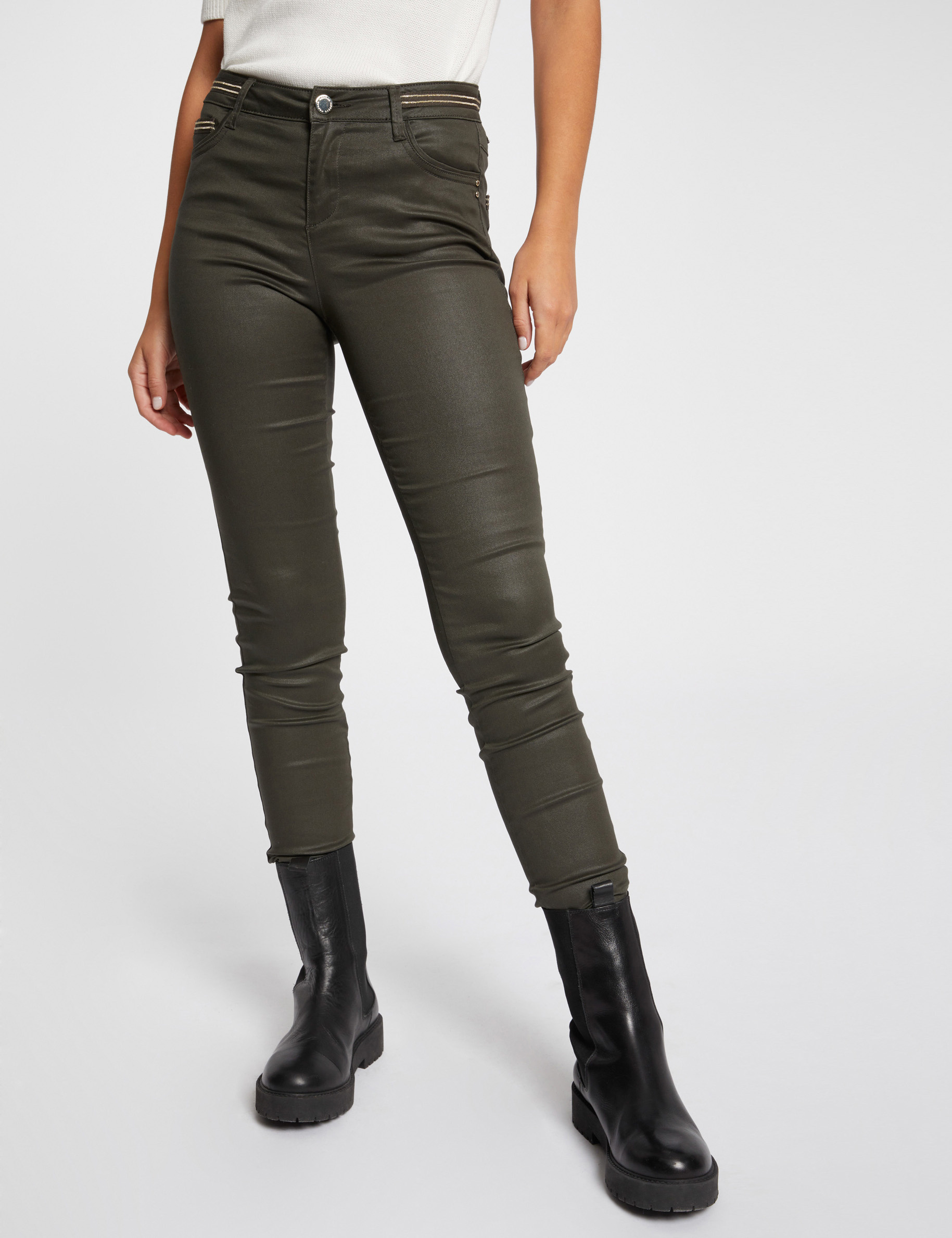 Pantalon slim enduit vert fonce femme