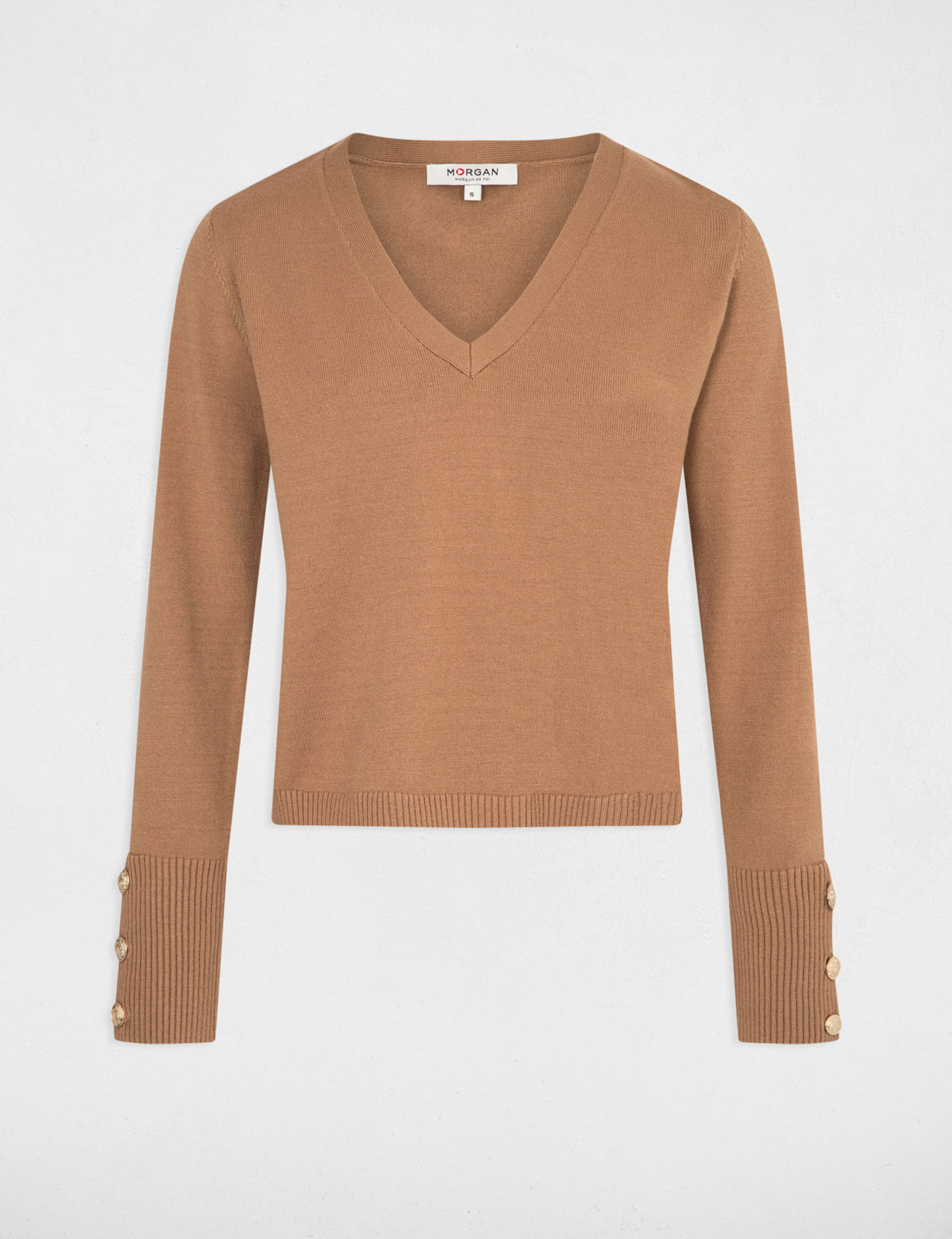 Pull manches longues col en V camel femme