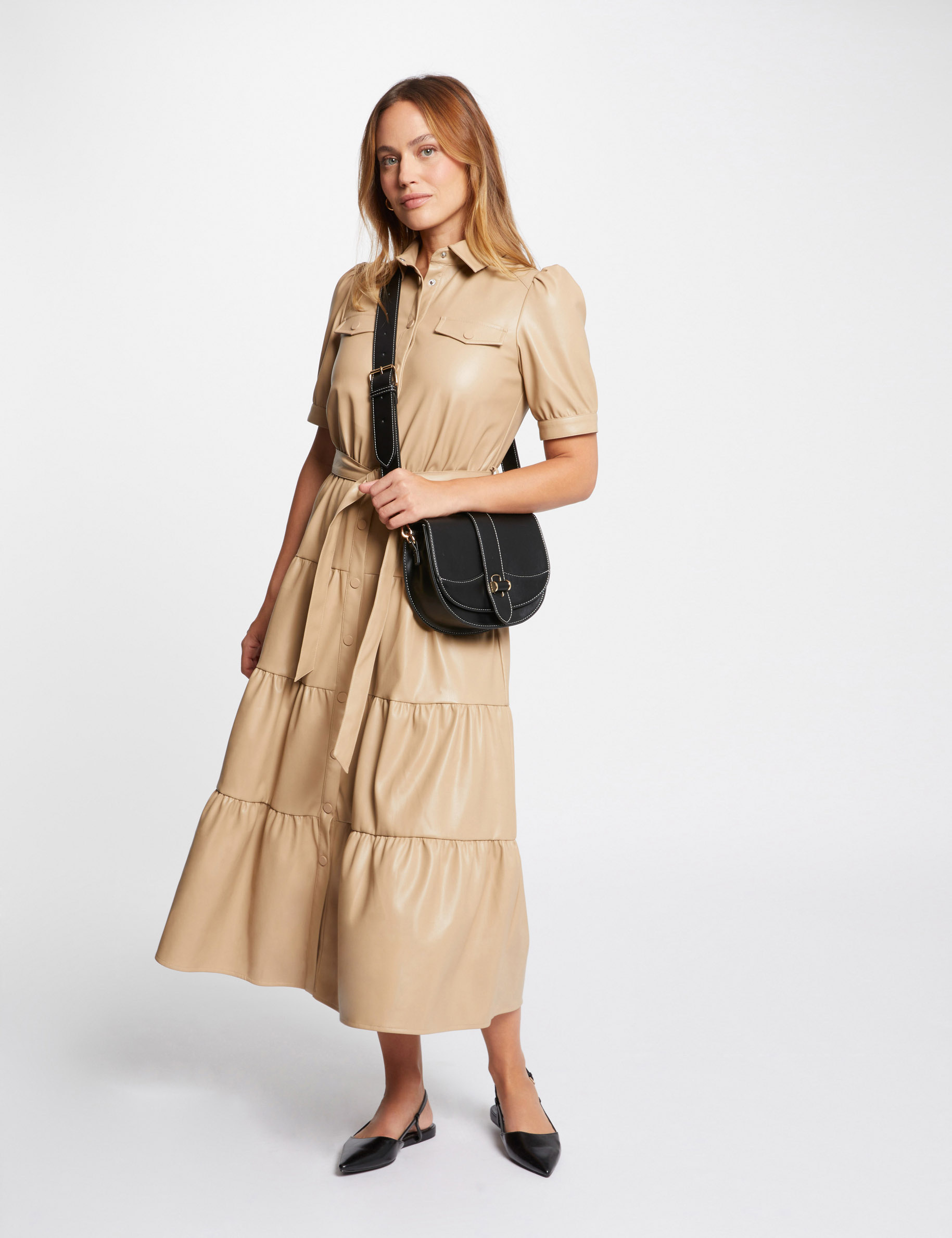 Robe longue simili cuir camel femme