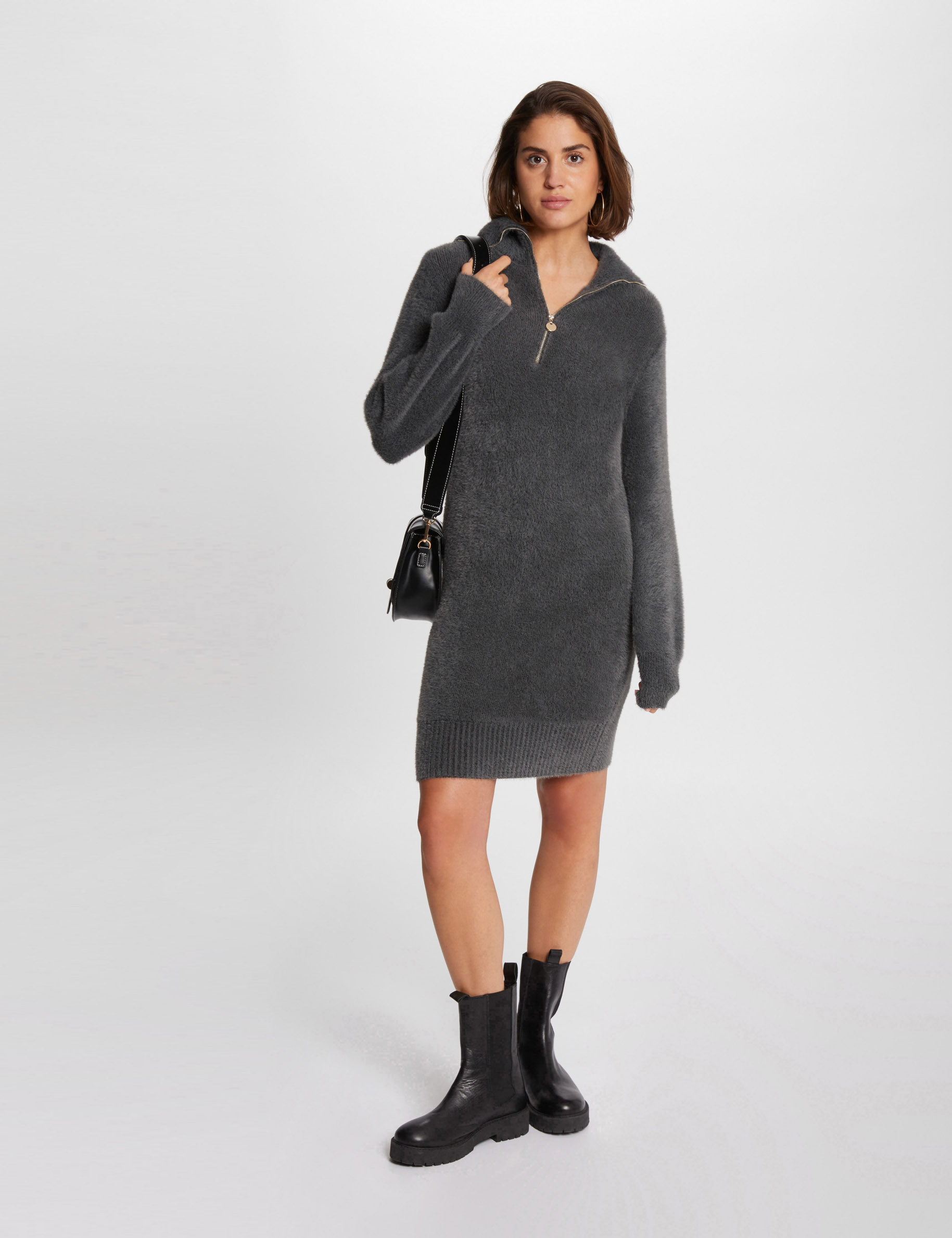 Robe pull droite avec col camionneur gris anthracite femme