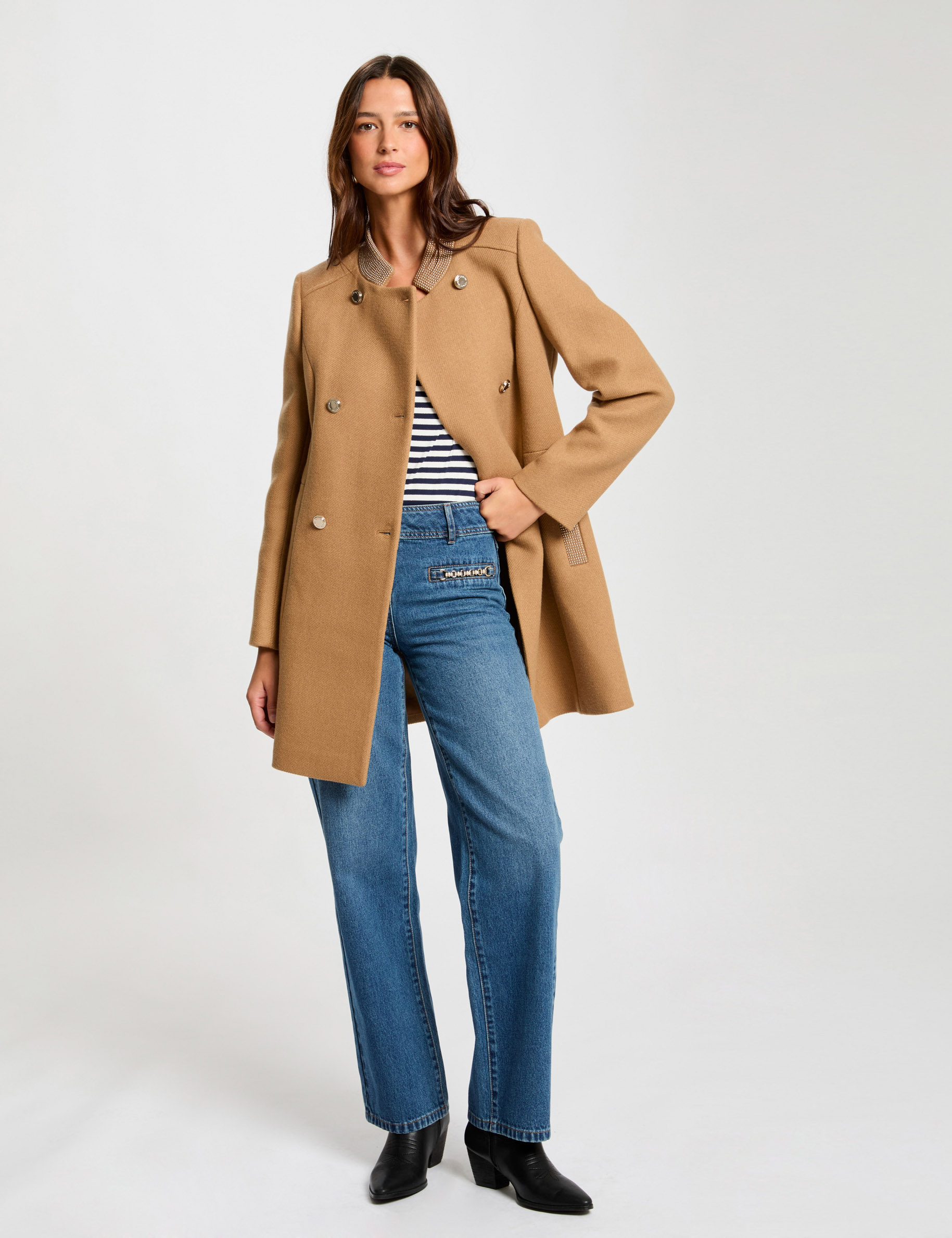 Manteau long boutonné camel femme